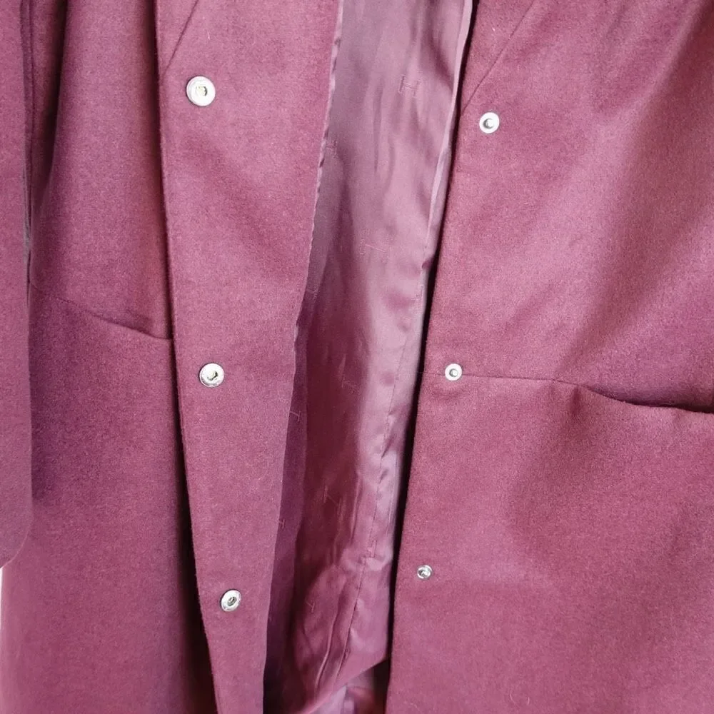 H by Halston Knee Length Snap Front Coat with Notch Collar Maroon Burgundy Size